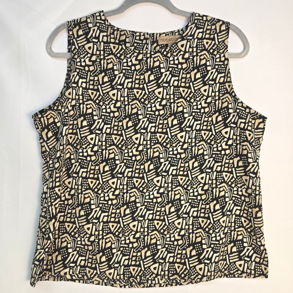 Notations Sleeveless Top Black Tan Geometric Pattern Large Summer Lightweight